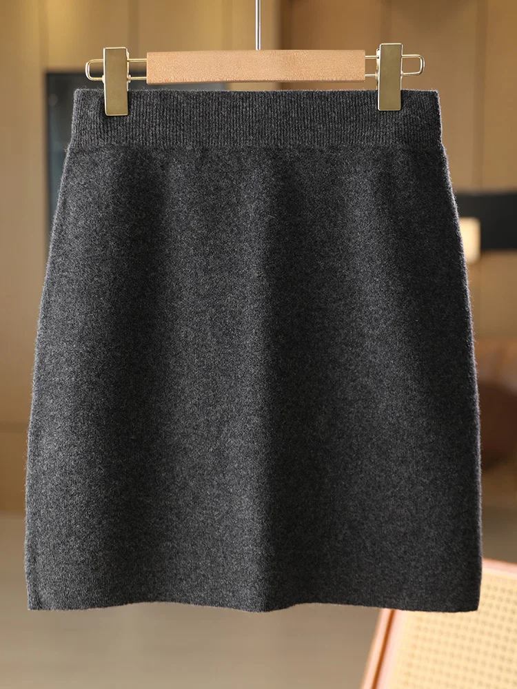 Women Wool Skirts Autumn Winter Office Lady Mini Slim Fit Skirt Elastic Waist 100% Merino Wool Knitted Cashmere Above Knee Dress - Image 5