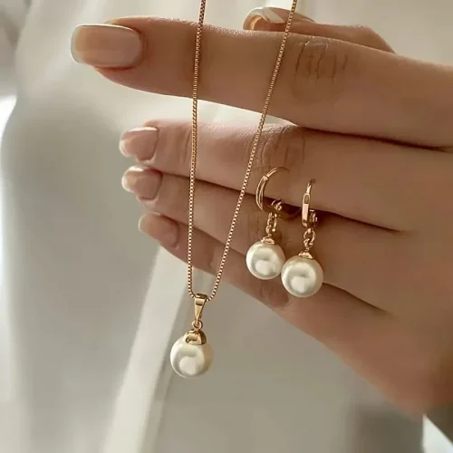 Elegant Imitation Pearl Pendant Jewelry Set for Women Vintage Gold Color Chain Necklace Earring Girl Wedding Party Gifts