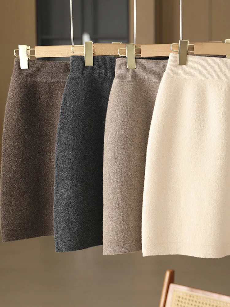 Women Wool Skirts Autumn Winter Office Lady Mini Slim Fit Skirt Elastic Waist 100% Merino Wool Knitted Cashmere Above Knee Dress