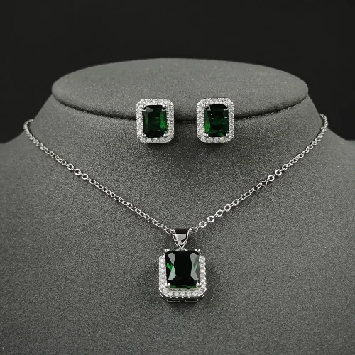 2024 New Trendy Green Color Rectangle Earrings and Necklace Pendant Set for Women Anniversary Gift Jewelry Wholesale E1997-x1997
