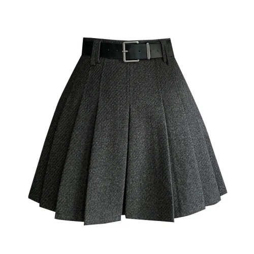 Vintage Winter Pleated Mini Skirt Women Streetwear High Waist Woolen Cute Skater Skirts With Shorts Belt Grey Black Skirt Woman