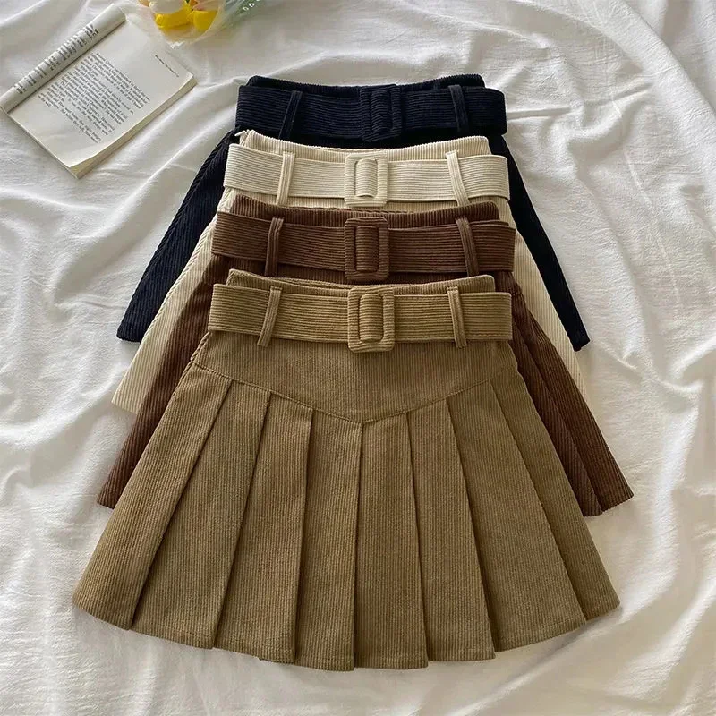 Cord Belted Pleated Skirt Texture Corduroy Box Pleat Mini Skirt with Belt Women Teen-girl Academy School Autumn Winter Outfit