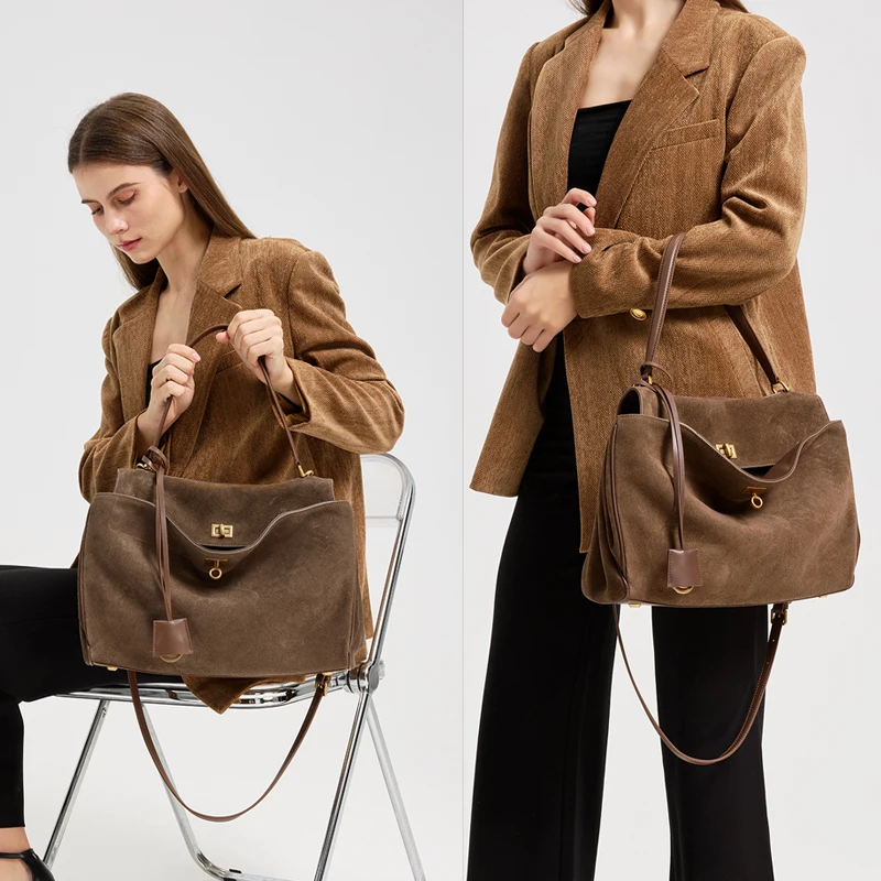 2025 Autumn Winter Women's Suede genuine leather Bag Shoulder Handbag Large Capacity Single Tote Bag Handbag Luxury Designer Bag - Image 2