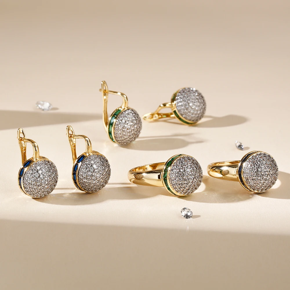 Round shiny inlaid zircon earrings ring set fashionable jewelry copper plated 14K gold party festival fashion luxury jewelry